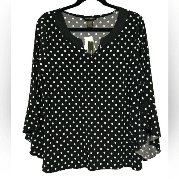 Susan Lawerence Women’s Black/White Polka Dots Flutter Sleeve V-neck Blouse Sz L - Picture 1 of 4